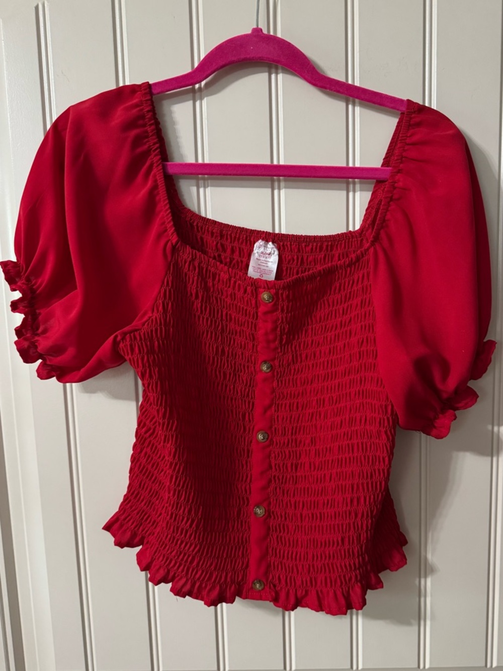 3/for $15 🍒 Red Smocked Puff Sleeve Crop Top Blouse (Womens X-Large) - Picture 2 of 8